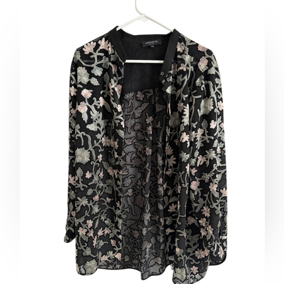 Lafayette 148 New York Brayden Long Sleeve Black Floral Button Down, Size XL - Picture 6 of 8